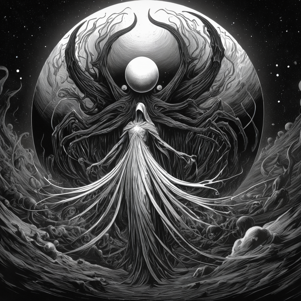 Fresh and creative pen strokes,Black and white style. Clear lines. Bio Style,Digital art inspired by the cosmic horrors found in the works of Algernon Blackwood, An enigmatic space horror takes the form of a colossal eye within a grand sphere, Eldritch entities, reminiscent of Blackwood's creations, emerge as Cthulhu ominously consumes the sun, Thousands of humanity's last defenders, along with starships, embark on a desperate mission to thwart this cosmic threat, Crafted in mesmerizing high definition 8K, the celestial battleground unfolds against the backdrop of the Milky Way, partially obscured by cosmic shadows. Mind flayers, illithids, and abyssal demons inhabit deep space, engaging in a profound cosmic struggle, signaling an impending cataclysm, Horror-themed I stand amazed by the visionary genius of the artist, the exacting precision of every brush stroke making the canvas come alive with awe inspiring visuals, (illustration of a beautiful angel's final breath as she succumbs to death),angelic robes soaked in blood, the artist mourns the life of a fallen goddess, the death of virtuous saint to hands of evil, the eyes plead with the viewer to release them from their pain, (((intricate background of evil spirits in the shadows))), glow effects, Hand drawn, render, 8k, octane render, cinema 4d, blender, dark, atmospheric 4k ultra detailed, cinematic, Sharp focus, big depth of field, Masterpiece, colors, 3d octane render, 4k, concept art, trending on artstation, hyper realistic, Vivid colors, extremely detailed CG unity 8k wallpaper, trending on CGSociety, Intricate, High Detail, dramatic, Eerie, unsettling, dark, spooky, suspenseful, grim, highly detailed, fantasy character, ink jet, pen drawing, line arrangement.