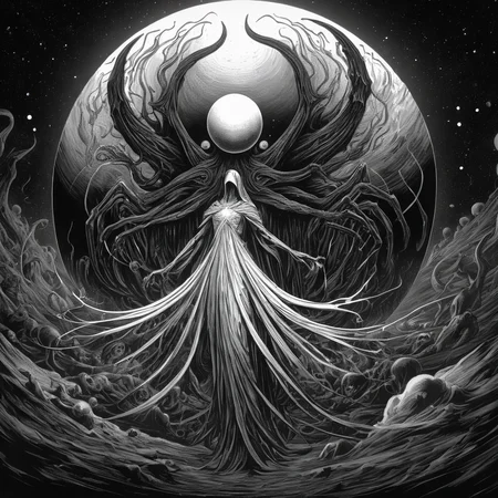 Fresh and creative pen strokes,Black and white style. Clear lines. Bio Style,Digital art inspired by the cosmic horrors found in the works of Algernon Blackwood, An enigmatic space horror takes the form of a colossal eye within a grand sphere, Eldritch entities, reminiscent of Blackwood's creations, emerge as Cthulhu ominously consumes the sun, Thousands of humanity's last defenders, along with starships, embark on a desperate mission to thwart this cosmic threat, Crafted in mesmerizing high definition 8K, the celestial battleground unfolds against the backdrop of the Milky Way, partially obscured by cosmic shadows. Mind flayers, illithids, and abyssal demons inhabit deep space, engaging in a profound cosmic struggle, signaling an impending cataclysm, Horror-themed I stand amazed by the visionary genius of the artist, the exacting precision of every brush stroke making the canvas come alive with awe inspiring visuals, (illustration of a beautiful angel's final breath as she succumbs to death),angelic robes soaked in blood, the artist mourns the life of a fallen goddess, the death of virtuous saint to hands of evil, the eyes plead with the viewer to release them from their pain, (((intricate background of evil spirits in the shadows))), glow effects, Hand drawn, render, 8k, octane render, cinema 4d, blender, dark, atmospheric 4k ultra detailed, cinematic, Sharp focus, big depth of field, Masterpiece, colors, 3d octane render, 4k, concept art, trending on artstation, hyper realistic, Vivid colors, extremely detailed CG unity 8k wallpaper, trending on CGSociety, Intricate, High Detail, dramatic, Eerie, unsettling, dark, spooky, suspenseful, grim, highly detailed, fantasy character, ink jet, pen drawing, line arrangement.