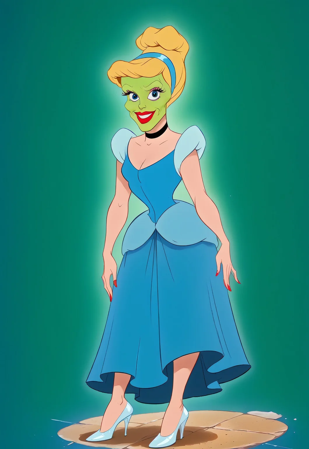 DisneyRenstyle, score_9, score_8_up, score_7_up, score_6_up, BREAK, 
solo, full body, 
looking at viewer, light smile, 
blonde hair, hair bun, hairband, makeup, choker, big blue dress, princess,
disney style, flat color, lineart, 
BREAK
(CinderellaXLP|she mask, the mask, (ugly green face|green rubber face), green mask, green skin),
big eyes:1.2, makeup, long eyelashes, high cheekbones:1.22, cleft chin:1.12, thick lips, red lipstick
BREAK
no eyebrows, no ears, standing, detailed background, ballroom, transparent footwear, high heels