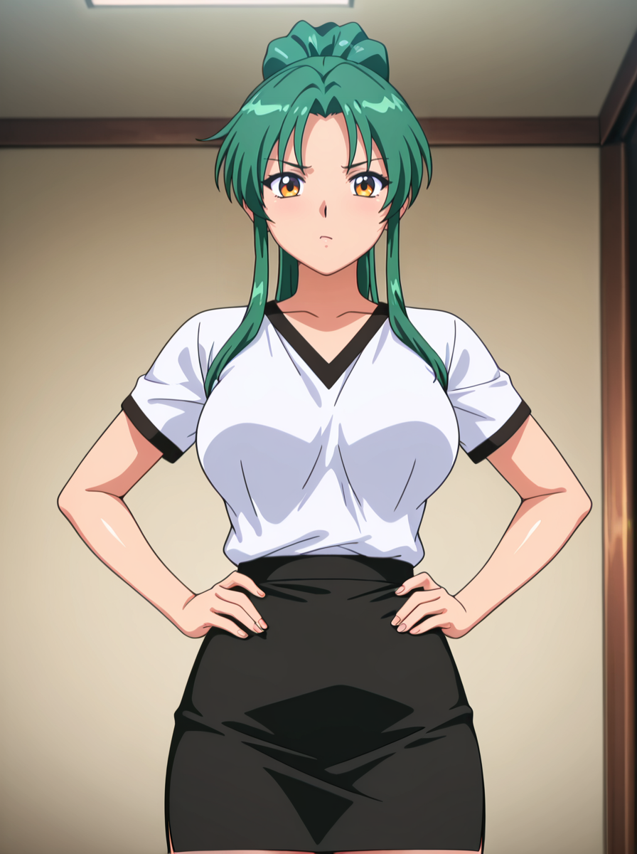 masterpiece, best quality, amazing quality, very aesthetic, absurdres, newest,shiny skin  anime screenshot,  anime coloring, looking at viewer,    <lora:AfterClassLesson:1>1girl, solo,greenhairgirl green hair, ponytail, white_Shirt pencil_skirt ,  hands on own hips,