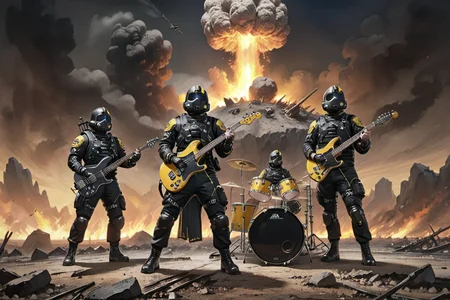 <lora:PACIFICA612VIIFM_SDXL_V1:1> <lora:lora:0.8> (closeup Painting illustration artwork masterpiece:1.2), ((A rock band of four Helldivers standing on a rock in front of a charred war torn landscape. A huge nuclear explosion fills the horizon in the background. Dynamic rock and roll poses. Orbital strikes and bombs falling down. Jets soaring in the sky.)) <lora:SDXL_add-detail-xl:2> <lora:FireBreath:0.4>
BREAK
(playing a black and yellow bass guitar with long neck:1.44). (standing slightly in the back, wearing a torn black cape and heavy Helldiver armor:1.4)
BREAK
(playing a black and yellow guitar breathing flames from guitar head:1.64). (shredding his guitar in a dynamic rock and roll pose in the front, wearing a burning black cape:1.4)
BREAK
(sitting behind a complete drumkit, slightly in the back, wearing a yellow cape:1.5)
BREAK
(playing a black and yellow guitar:1.24). (standing slightly in the back, wearing a black and yellow striped cape:1.34)