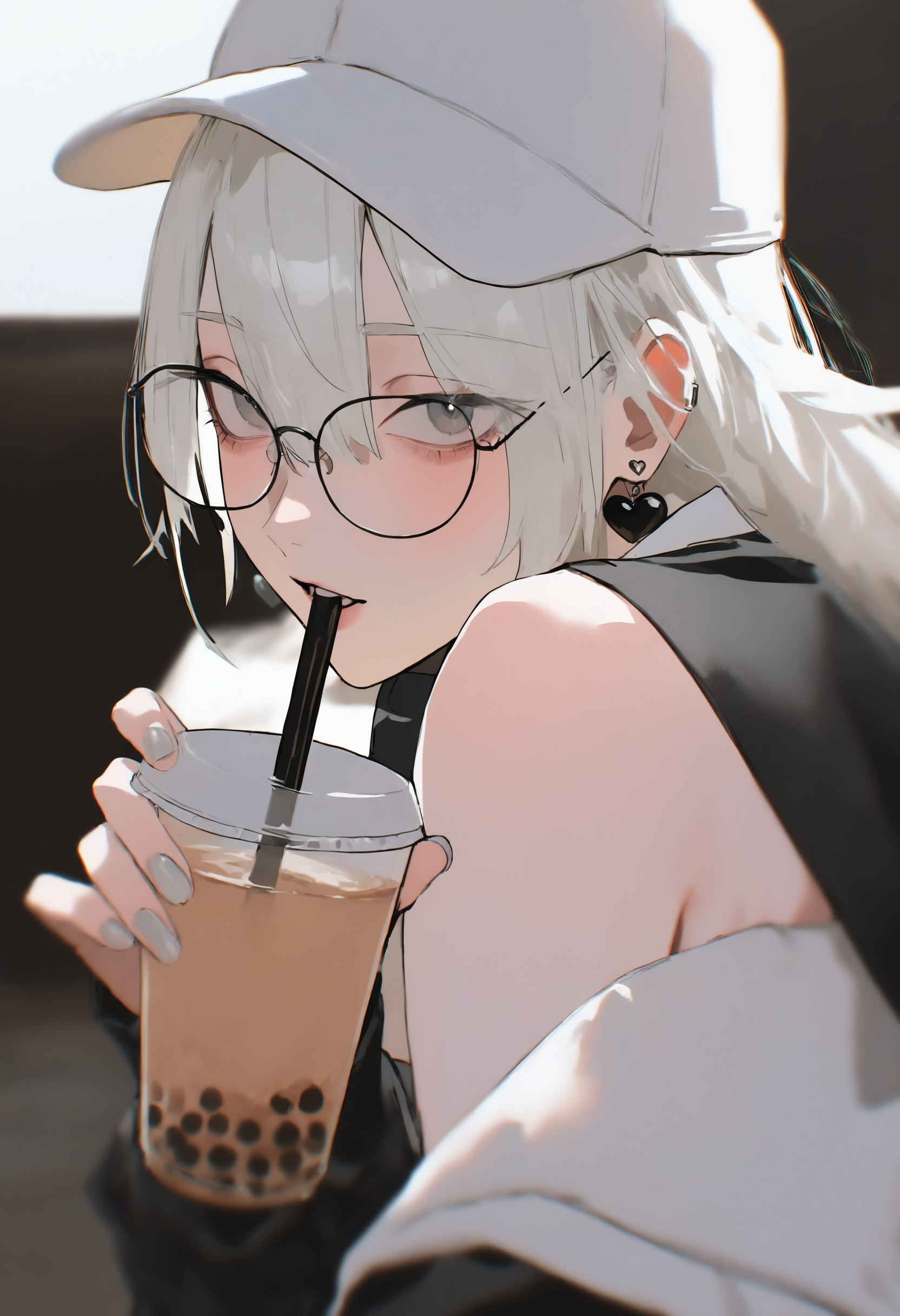 masterpiece, best quality, newest, absurdres, highres, very awa, anime screencap, film grain, painting \(medium\), ambient occlusion, depth of field, simple background, bXVrd, 1girl, solo, baseball cap, hat, drinking straw, long hair, grey nails, earrings, jewelry, bubble tea, looking at viewer, disposable cup, cup, white headwear, glasses, simple background, holding, white shirt, white hair, shirt, holding cup, white background, jacket, round eyewear, upper body, heart earrings, heart, off shoulder, drinking straw in mouth, long sleeves, black jacket, grey eyes, hair between eyes, drinking, nail polish, from side, white nails, parted lips, open clothes, looking to the side, drink, open jacket