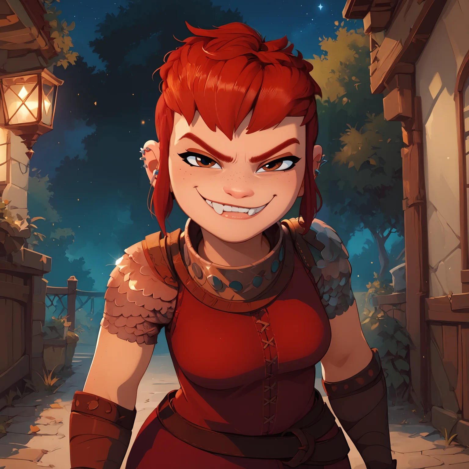 score_9,score_8_up,score_7_up,score_6_up, good_hands, better_hands, NimonaXL, short red hair, sidelocks, brown eyes, smug, smile, ear piercing, miniskirt, red tunic, looking at viewer, fingerless gloves, shoulder armor, fang, medium breasts, standing, cowboy shot, night, outdoors,<lora:Nimona:0.9> <lora:pony_good_hands:1> <lora:Pony_DetailV2.0:1>