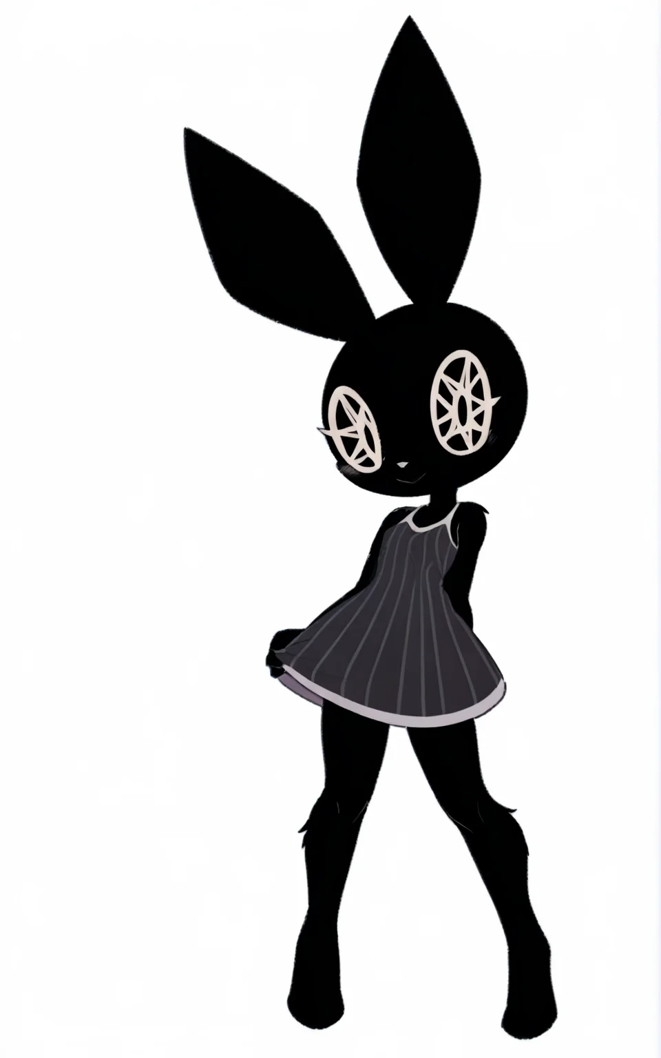 best quality, absurdres,full body, <lora:BolivanteStyleITS:0.8>, <lora:VRITS:0.8>, VRITS, dress, black dress, sleeveless, striped dress, short dress, furry, animal ears, furry female, black skin, polygon,octagram eyes, black eyes, symbol-shaped eyes, complex eyes, black sclera, black pupils, white background, standing, slim
