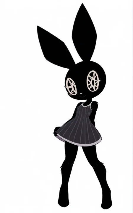 best quality, absurdres,full body, <lora:BolivanteStyleITS:0.8>,   <lora:VRITS:0.8>, VRITS, dress, black dress, sleeveless, striped dress, short dress, furry, animal ears, furry female, black skin, polygon,octagram eyes, black eyes, symbol-shaped eyes, complex eyes, black sclera, black pupils, white background, standing, slim