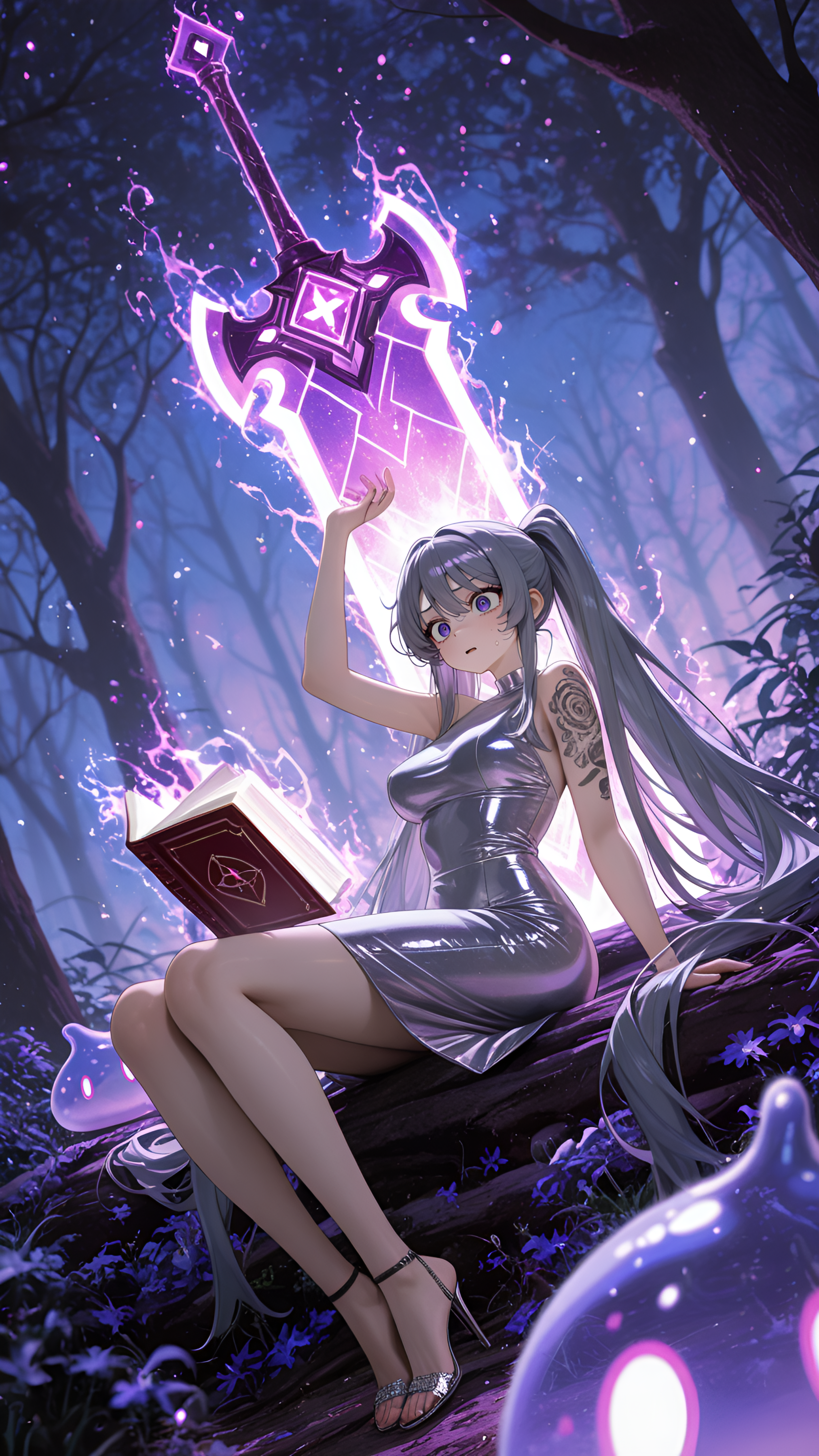 sitting, perky breasts, very long hair, holding a book, depth of field, Mai Sakurajima, best quality, diamond studs, very aesthetic, ambient occlusion, Full body shot, Dawn, barefoot, scared, depth of field, anime character, 1girl, black strappy heels, half sleeve tattoo, ultra-detailed, Electric Purple Theme, nail_polish, Fungal forest floor covered in thick, Steel gray hair, enormous crystalline greatsword reflecting rainbows, masterpiece, Archivist (Forbidden Lore), slime_(creature), amazing quality, magic glowing aura, colourful spores., absolutely eye-catching, ephemeral, Classic twintails, HDR, succubus, stormy, absurdres, motion_blur:1.1, Silver metallic midi dress, light skin, newest, 8K, reading_book - Engaged in reading, motion_lines:1.1, slime_(creature)