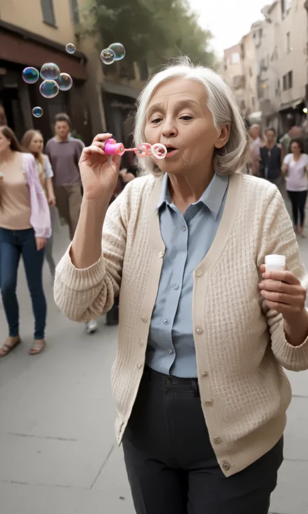 blobub, full body shot, old lady blowing bubbles , walking in a crowded city. <lora:BlowBubbles:1>