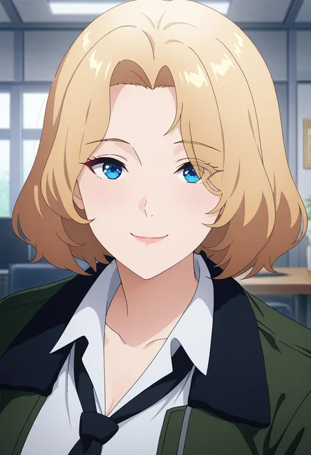masterpiece, best quality, amazing quality, 1girl, solo, (portrait:1.2), karenww, mature female, blue eyes, blonde hair, medium hair, military uniform, black necktie, loose necktie, green jacket, white collared shirt, looking at viewer, smile, indoors, day, skindentation, detailed clothing folds, depth of field, sharp, high contrast, dynamic light <lora:Aldrin_Karen_Bravern_ill_v11:0.9>