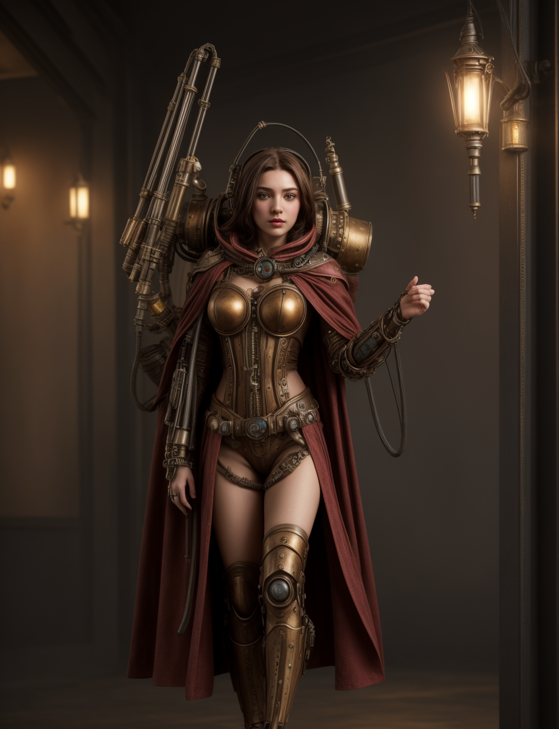 Ultra-realistic 8k CG, masterpiece, best quality, (very detailed face),masterpiece, best quality, 1girl, 20 years old, woman, colorful, (full body, wide shot),  <lora:more_details:0.8>  <lora:techpriest:0.8> mechanical arms, steampunk, hood, robe, techpriest, forgeworld, adeptus mechanicus,
