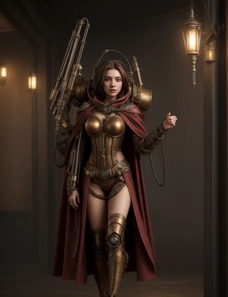 Ultra-realistic 8k CG, masterpiece, best quality, (very detailed face),masterpiece, best quality, 1girl, 20 years old, woman, colorful, (full body, wide shot),  <lora:more_details:0.8>  <lora:techpriest:0.8> mechanical arms, steampunk, hood, robe, techpriest, forgeworld, adeptus mechanicus,