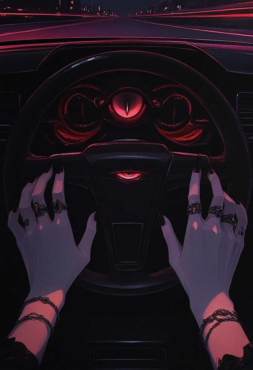 DRKWB, ring, jewelry, pov, black nails, motor vehicle, bracelet, eye focus, ground vehicle, car, fingernails, glowing, red eyes, 1other, pov hands, 1girl, multiple rings, looking at viewer