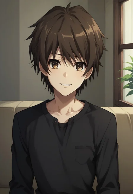 score_9, score_8_up, score_7_up, source_anime, highly detailed,
koichi, 1boy, male focus, solo, brown eyes, brown hair, shirt, black shirt, indoors, smile, couch, upper body,
collarbone, sit,