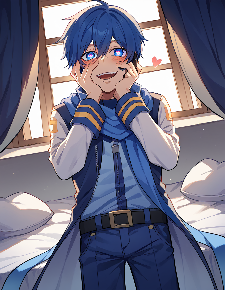 score_9, score_8_up, score_7_up, source_anime, <lora:vocaloid-kaito-ponyxl-lora-nochekaiser:1>, kaito, kaito (vocaloid), blue eyes, blue hair, male focus,, belt, blue pants, blue scarf, blue shirt, coat, headset, microphone, pants, scarf, see-through clothes, zipper, bedroom, bed, pillows, nightstand, window, , <lora:yandere-trance-ponyxl-lora-nochekaiser:1>, yandere trance, yandere, hands on own cheeks, hands on own face, crazy eyes, crazy smile, crazy, heart-shaped pupils, glowing eyes, symbol-shaped pupils, hand on own face, open mouth, glowing, blush, looking at viewer,, looking at viewer, solo,, dutch angle, cowboy shot