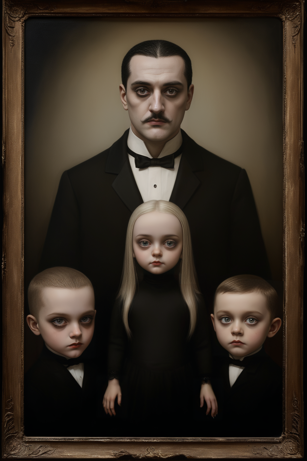 masterpiece,best quality,style of Stephen Mackey,portrait of The Addams family,<lora:luxart:0.3>,