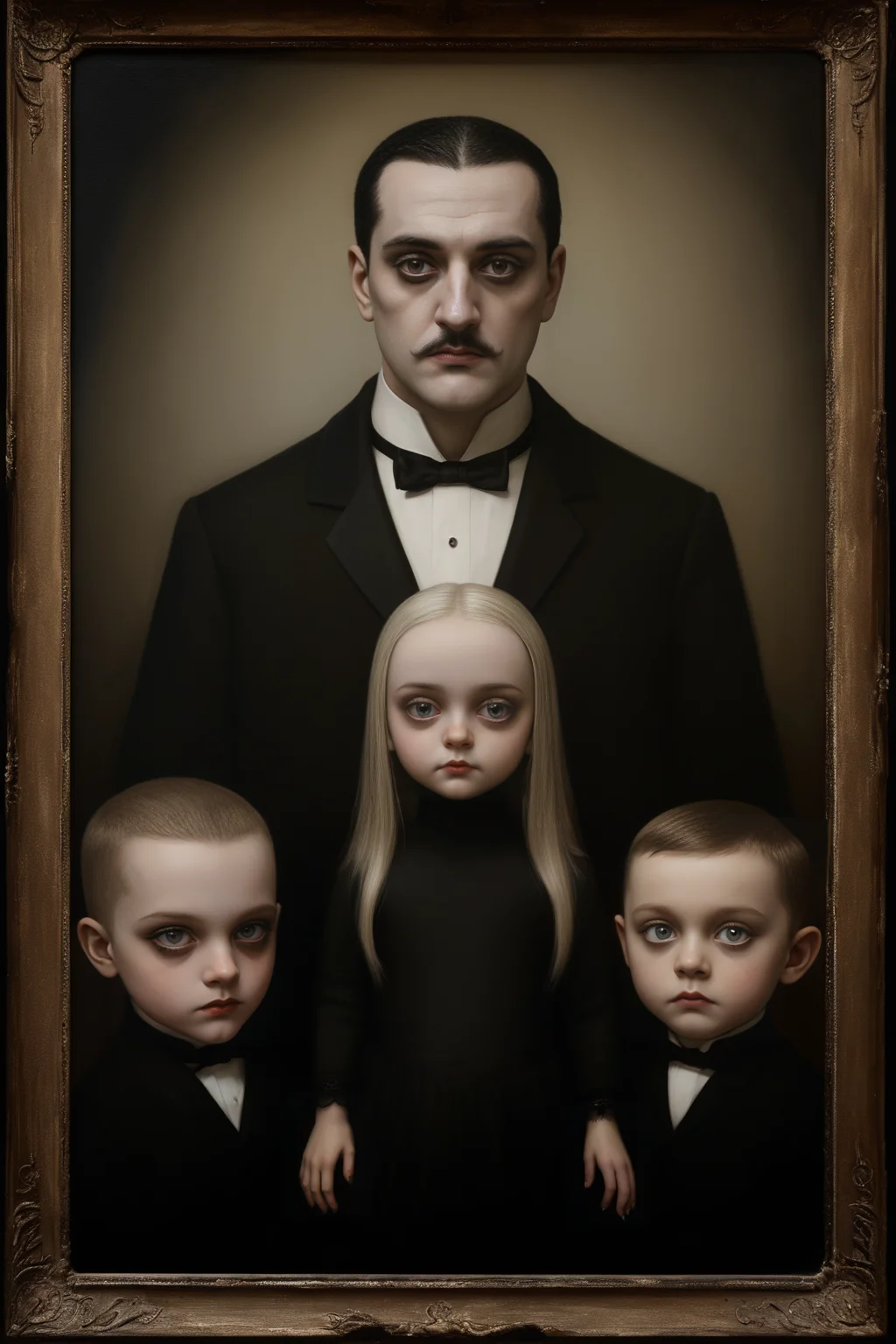 masterpiece,best quality,style of Stephen Mackey,portrait of The Addams family,<lora:luxart:0.3>,