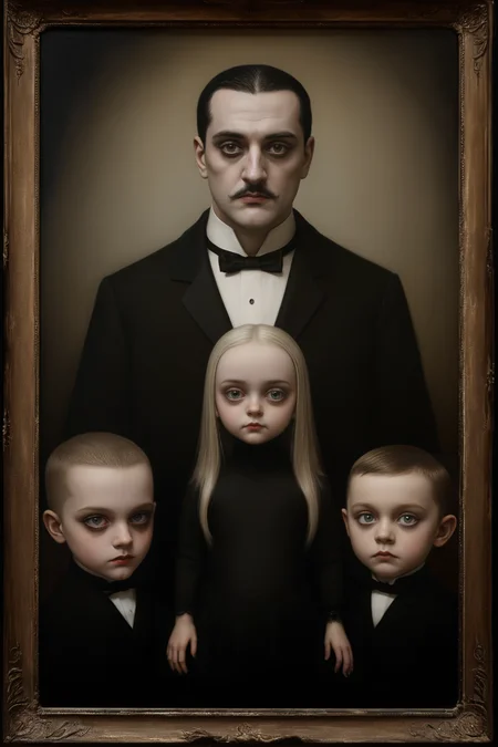 masterpiece,best quality,style of Stephen Mackey,portrait of The Addams family,<lora:luxart:0.3>,