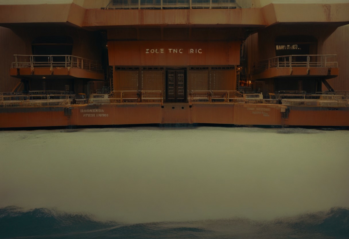 score_9, score_8_up, score_7_up, score_6_up, score_5_up, score_4_up, an oil rig in the middle of the ocean with scaffolding and scaffolding on it, outdoors, water, english text, no humans, building, scenery, watercraft, boat, Industrial_Futurism,