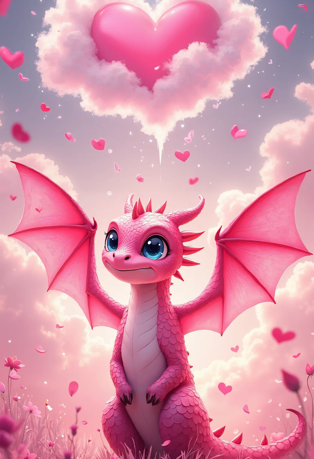 bo-romance, a digital illustration in a whimsical, fantasy style, it features a fantastical dragon with a vibrant pink scales texture, standing in a lush, pink flower-filled landscape, the dragon's head is facing towards the left side of the image, with a serene expression and large, expressive blue eyes that seem to be gazing up towards the sky, its wings are spread wide, revealing a pair of pink, bat-like scales that shimmer with a soft, almost ethereal quality, the background is a dreamy, pastel-colored sky filled with fluffy, white clouds, and scattered pink petals, creating a romantic and whimsical atmosphere, a large, heart-shaped cloud floats above the dragon, adding a touch of whimsy and romance to the scene, the overall color palette is dominated by soft pastel hues, with the dragon standing out against the backdrop of the flowers and sky, the texture of the scales is smooth and glossy, enhancing the sense of depth and realism, the image exudes a sense of enchantment and wonder, making it a captivating and enchanting piece of art<lora:boFLUX Romance Abyss.safetensors:1.0:1.0>