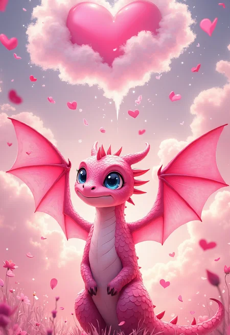 bo-romance, a digital illustration in a whimsical, fantasy style, it features a fantastical dragon with a vibrant pink scales texture, standing in a lush, pink flower-filled landscape, the dragon's head is facing towards the left side of the image, with a serene expression and large, expressive blue eyes that seem to be gazing up towards the sky, its wings are spread wide, revealing a pair of pink, bat-like scales that shimmer with a soft, almost ethereal quality, the background is a dreamy, pastel-colored sky filled with fluffy, white clouds, and scattered pink petals, creating a romantic and whimsical atmosphere, a large, heart-shaped cloud floats above the dragon, adding a touch of whimsy and romance to the scene, the overall color palette is dominated by soft pastel hues, with the dragon standing out against the backdrop of the flowers and sky, the texture of the scales is smooth and glossy, enhancing the sense of depth and realism, the image exudes a sense of enchantment and wonder, making it a captivating and enchanting piece of art<lora:boFLUX Romance Abyss.safetensors:1.0:1.0>