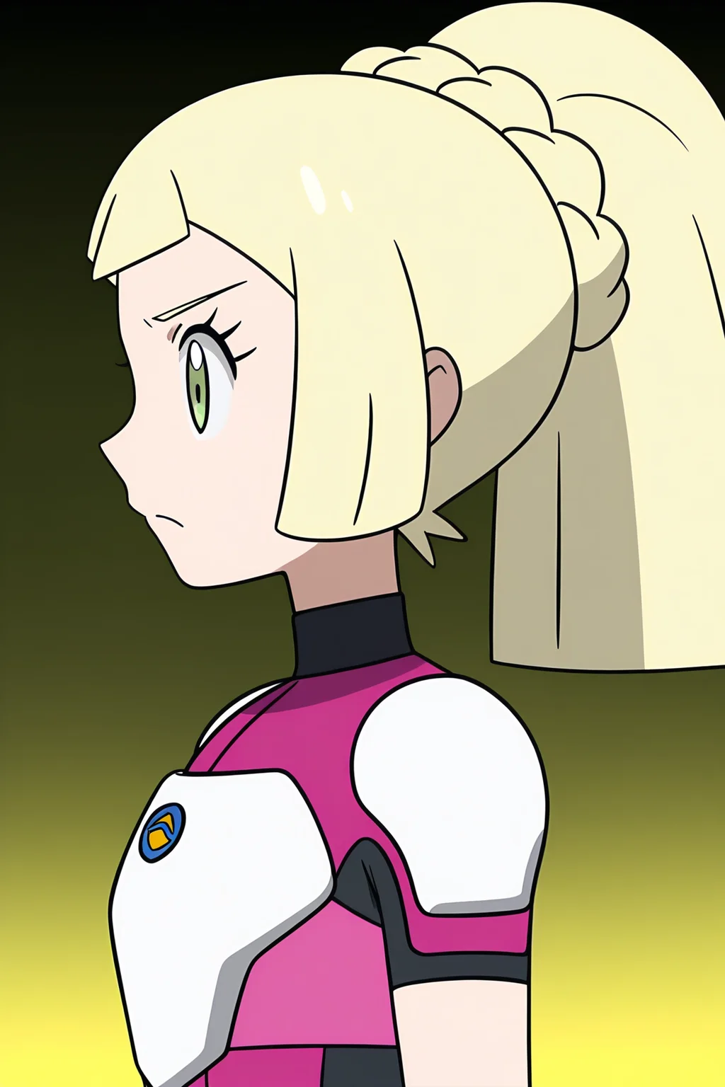 anime, anime screencap, lillieul, 1girl, solo, long hair, blonde hair, closed mouth, green eyes, upper body, braid, ponytail, armor, from side, eyelashes, bodysuit, frown, yellow background, shoulder pads, cosplay, profile, split mouth, lillie \(pokemon\), pokemon
<lora:Lillie_Ultraguardian:1>