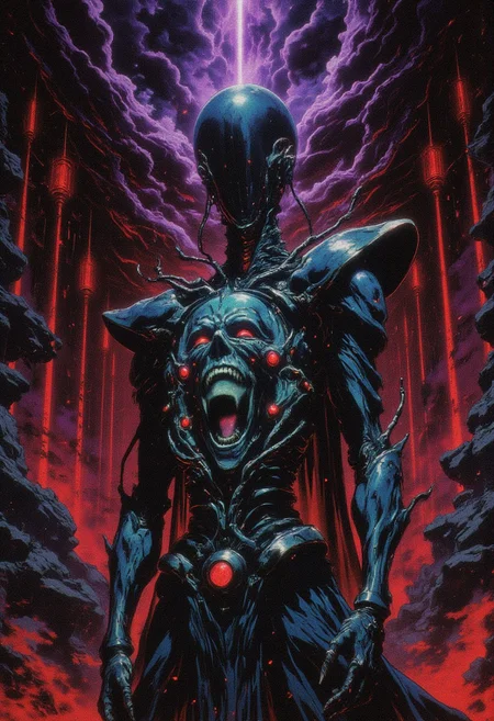 A haunting cyberpunk surrealist scene: a featureless humanoid figure, its face a smooth, blank void, stands amidst a fractured, metallic fractal wasteland. Wires and glowing cables erupt from its body, writhing like serpents, connecting to massive, biomechanical towers in the distance. The sky is a chaotic swirl of neon red and fiery violets, crackling with digital distortions and fractured light. The figure's body is partially transparent, revealing an intricate, cybernetic interior filled with pulsing lights and screaming faces trapped behind glass-like panels. A glowing neon aura surrounds the figure, flickering as if it’s glitching in and out of existence. The air is thick with high tension, filled with the hum of malfunctioning machinery and distant echoes of tormented endless cries. The composition is claustrophobic mesmerizing yet vast, merging the cold detachment of cyberpunk with the existential dread of surrealism, evoking a desperate, silent scream in a digital dystopia. best quality, masterpiece,detailed,asymmetrical compsition,Directional Lighting,
,intricate, highly detailed, high contrast