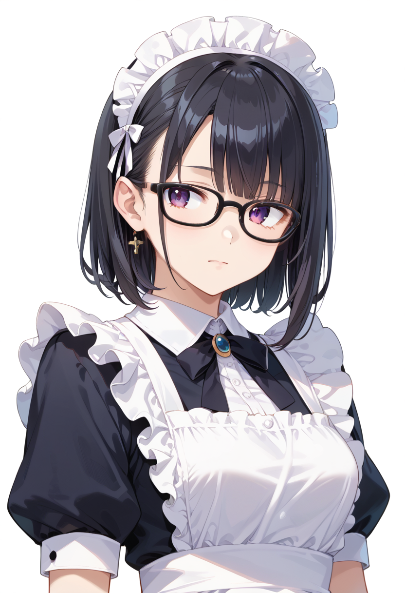 score_9, score_8_up, score_7_up, rating_safe, masterpiece, best quality, absurdres, unity 8k wallpaper, official art, official style, source_anime, uncensored, game cg, megami magazine,
1girl, solo, black hair, medium hair, upper body, covered eyes,maid, maid headdress, black dress, maid apron, face focus,
oval_cell, glasses, still life, white background, simple background, black-framed eyewear,
 <lora:glasses_OvalCell2_PONY_V1:1>