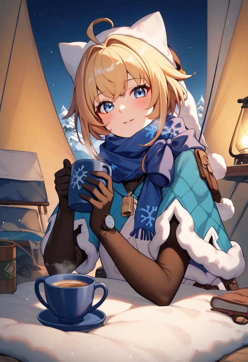 score_9, score_8_up, score_7_up, 1girl, smooth_anime, LynxLandau, solo, blonde hair, short hair, ahoge, blue eyes, fur-trimmed blue capelet, scarf, winter clothes, sweater, fur trim, white vest, blue pantyhose, wristwatch, black elbow gloves, long sleeves, hat, pendant, whistle, snowflake print, thigh_holster, mug with hot tea in hand, steam trail from mug, looking at viewer, tent, siting inside tent, tent background, snowy mountains.