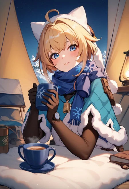 score_9, score_8_up, score_7_up, 1girl, smooth_anime, LynxLandau, solo, blonde hair, short hair, ahoge, blue eyes, fur-trimmed blue capelet, scarf, winter clothes, sweater, fur trim, white vest, blue pantyhose, wristwatch, black elbow gloves, long sleeves, hat, pendant, whistle, snowflake print, thigh_holster, mug with hot tea in hand, steam trail from mug, looking at viewer, tent, siting inside tent, tent background, snowy mountains.