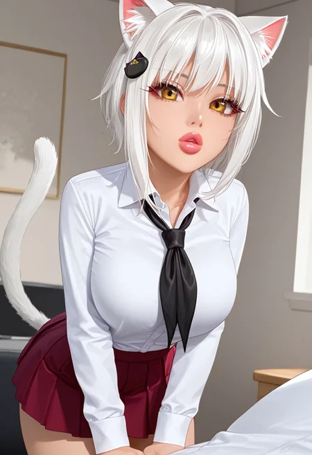 Masterpiece, best quality, high quality, highres, 4k, detailed face, Expressiveh, koneko toujou, short hair, hair ornament, yellow eyes, white hair, medium breast, gyaru, bmbplora, parted lips, shiny lips, lipgloss, long eyelashes, skirt, school uniform, shirt, white shirt, collared shirt, neckerchief, black neckerchief, long sleeves, red skirt, animal ears, ear fluff, cat ears, cat tail,