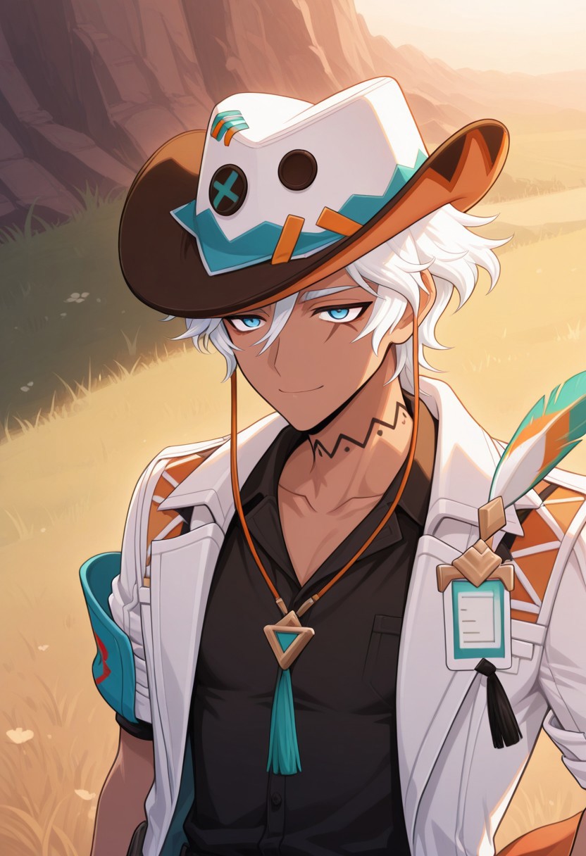 masterpiece,best quality,amazing quality, source_anime,
ifagimpa, 1boy, male focus, solo, dark skin, dark-skinned male, blue eyes, white hair, hat, cowboy hat, white headwear, neck tattoo, collarbone, shirt, black shirt, coat, white coat, short sleeves, open coat, smile, outdoor,