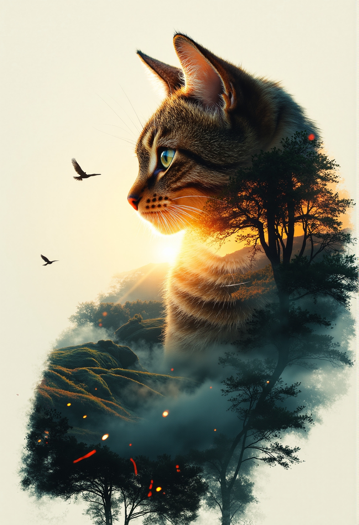 A highly detailed and cinematic double-exposure portrait of a majestic cat, its shape elegantly dissolving into a breathtaking sunset landscape with rolling hills and ancient trees. The golden light of the sun filters through the branches, casting intricate shadows within the cat’s form, while soft mist envelops the distant horizon. The feline’s fur appears to shimmer in the warm evening glow, with individual strands catching the light like tiny golden threads. The blending of the cat and nature is seamless, creating a surreal yet peaceful atmosphere, while small floating embers and dust particles enhance the depth and dreamlike quality of the artwork.
 <lora:aidmaMJ6.1-FLUX-v0.5:0.7000000000000001> <lora:FluxDFaeTasticDetails:0.3>