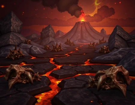 WOW_Character_Style, This image is a digital drawing of a World of Warcraft environment, depicting a fiery volcanic landscape. The ground is jagged and blackened, covered in cracks that glow with molten lava beneath. Rivers of lava flow between sharp, rocky outcrops, and in the distance, an active volcano spews ash and fire into the sky. The air is thick with smoke and heat, and the sky is a dark, ominous red, filled with ash clouds and flickering embers. Massive, charred bones of ancient creatures lie scattered across the land, half-buried in the hardened lava. The lighting is harsh and fiery, casting an orange and red glow over the entire scene. The colors are dominated by reds, oranges, and blacks, with the glowing lava providing a bright contrast against the dark, ashen landscape. The overall mood is one of danger and destruction, a hellish landscape born of fire and chaos.