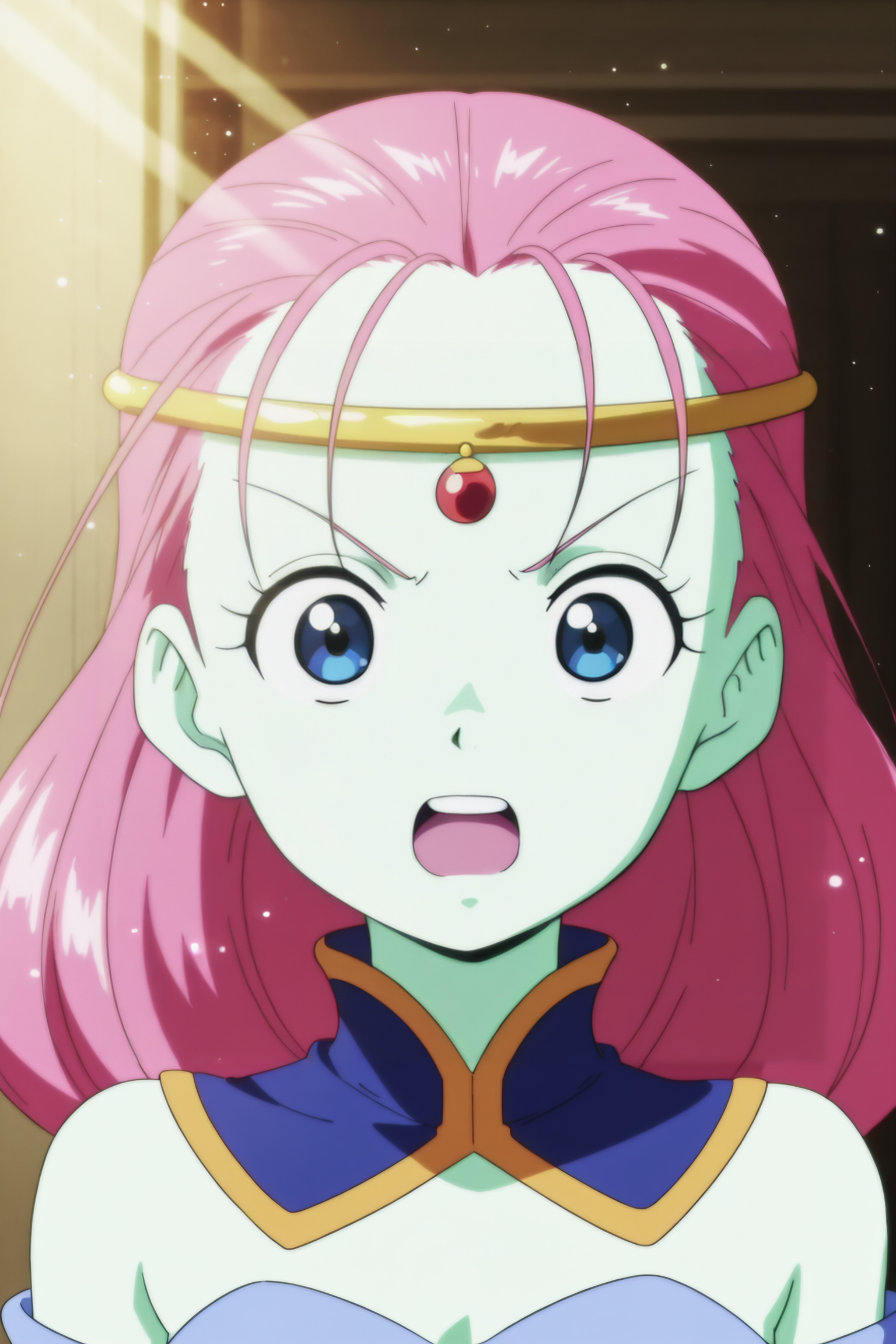 anime screencap, masterpiece, best quality, amazing quality, very aesthetic, absurdres,  newest, (scenery, volumetric lighting), official style, dappled sunlight, light particles, light rays,
caway, 1girl, solo, long hair, looking at viewer, open mouth, blue eyes, pink hair, colored skin, surprised, circlet, bare shoulders, gold headwear, arms by side, blue collar, detached collar, eyelashes, green skin, close-up, low-tied long hair, pointy nose, v-shaped eyebrows, tongue, upper teeth blue leotard, detached sleeves, blue armwear,
 <lora:Caway_iL:0.8>