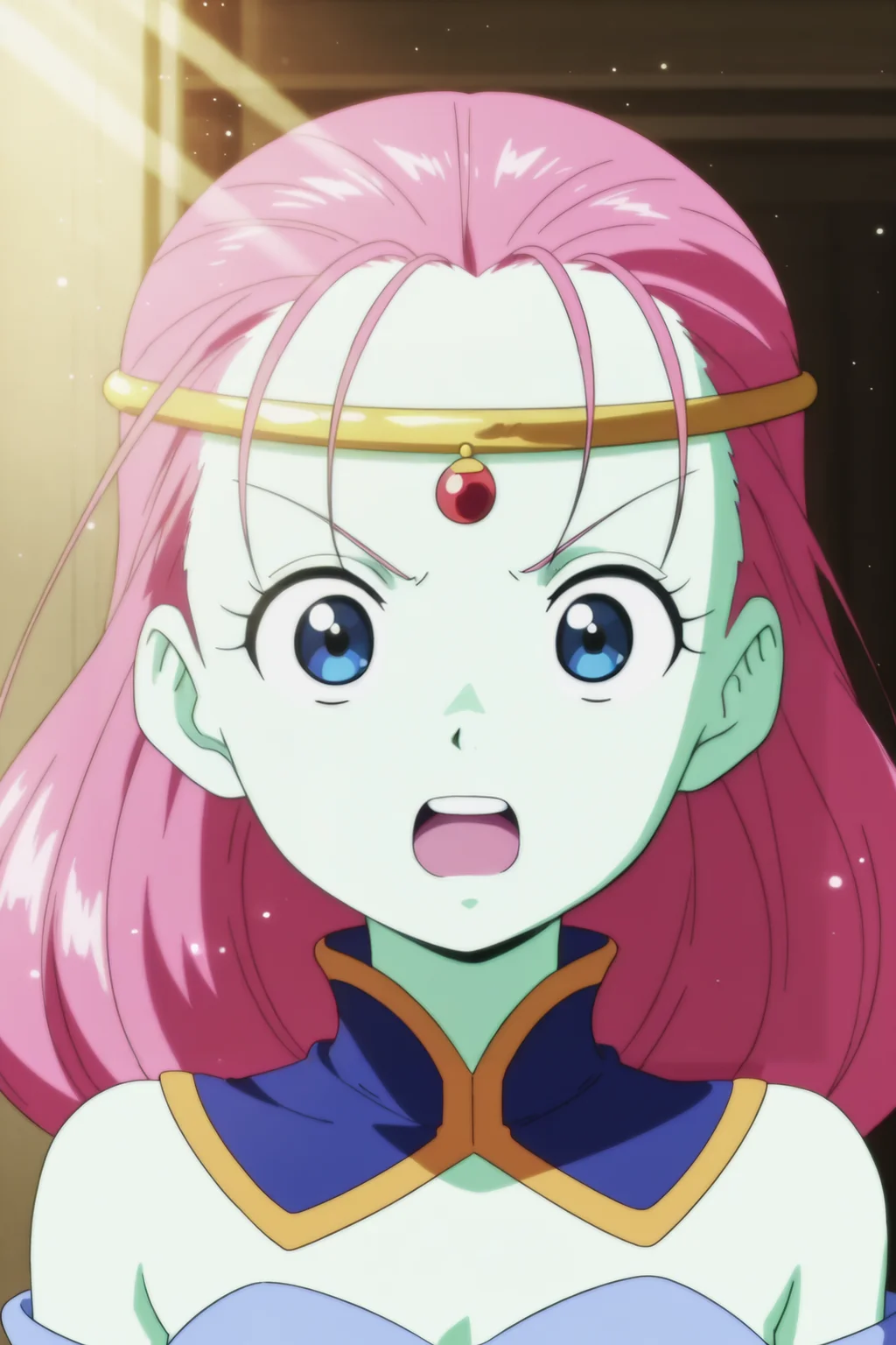 anime screencap, masterpiece, best quality, amazing quality, very aesthetic, absurdres, newest, (scenery, volumetric lighting), official style, dappled sunlight, light particles, light rays,
caway, 1girl, solo, long hair, looking at viewer, open mouth, blue eyes, pink hair, colored skin, surprised, circlet, bare shoulders, gold headwear, arms by side, blue collar, detached collar, eyelashes, green skin, close-up, low-tied long hair, pointy nose, v-shaped eyebrows, tongue, upper teeth blue leotard, detached sleeves, blue armwear,
<lora:Caway_iL:0.8>