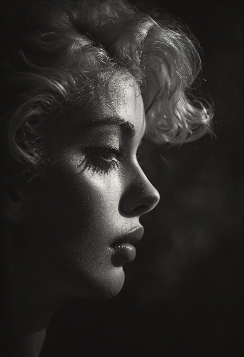 dark photo, profile shot, extreme closeup portrait of Marylin Monroe, vignette, highly detailed, moody, epic, gorgeous, film, atmospheric haze, dynamic lighting, award winning photo