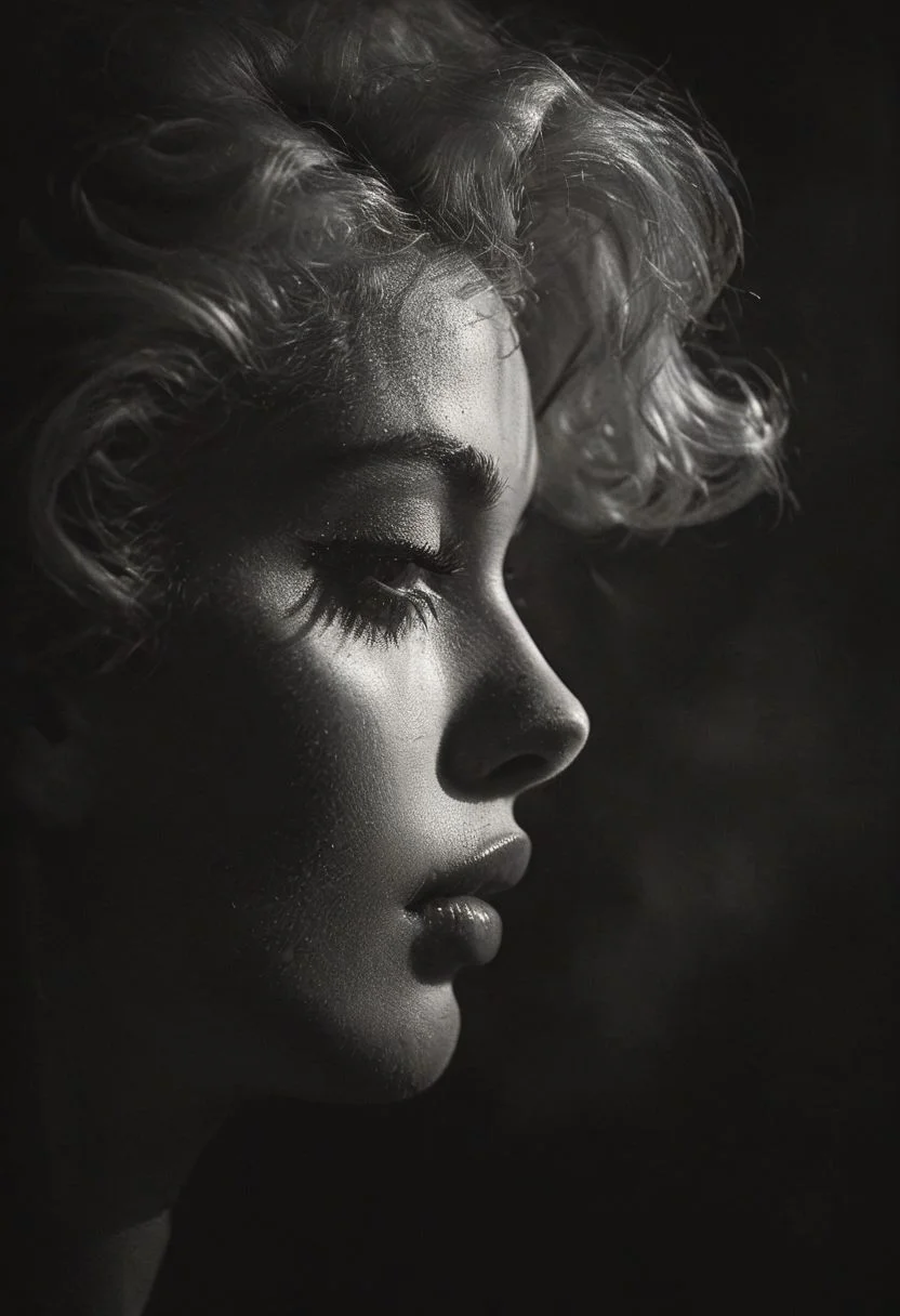 dark photo, profile shot, extreme closeup portrait of Marylin Monroe, vignette, highly detailed, moody, epic, gorgeous, film, atmospheric haze, dynamic lighting, award winning photo