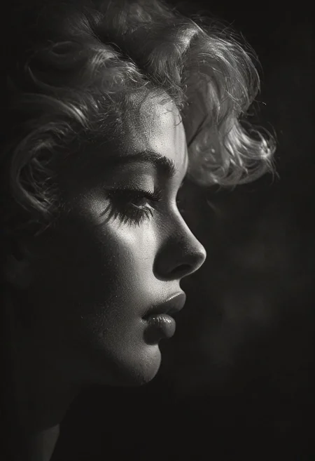 dark photo, profile shot, extreme closeup portrait of Marylin Monroe, vignette, highly detailed, moody, epic, gorgeous, film, atmospheric haze, dynamic lighting, award winning photo