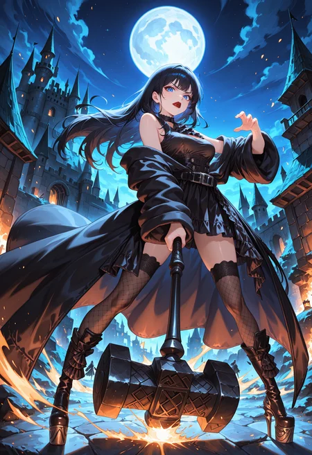 masterpiece, best quality, absurdres, highres, newest,<lora:cfg_scale_boost:.7> , full body,  outdoors, night, full moon, castle, standing, solo focus,    looking at viewer, glaring,  legs apart, holding, holding weapon, hammer, holding hammer, (incoming attack:1.5), dynamic pose, medium breasts, 
gaiaxiv, blue eyes, red lips, black hair, long hair,
 black ascot, black tank top, black skirt, black belt,
 black long coat, off shoulder, long sleeves, 
black fishnet thighhighs, 
black high heel boots, platform footwear, footwear ribbon, 
<lora:Gaia_XIV_IL:1>