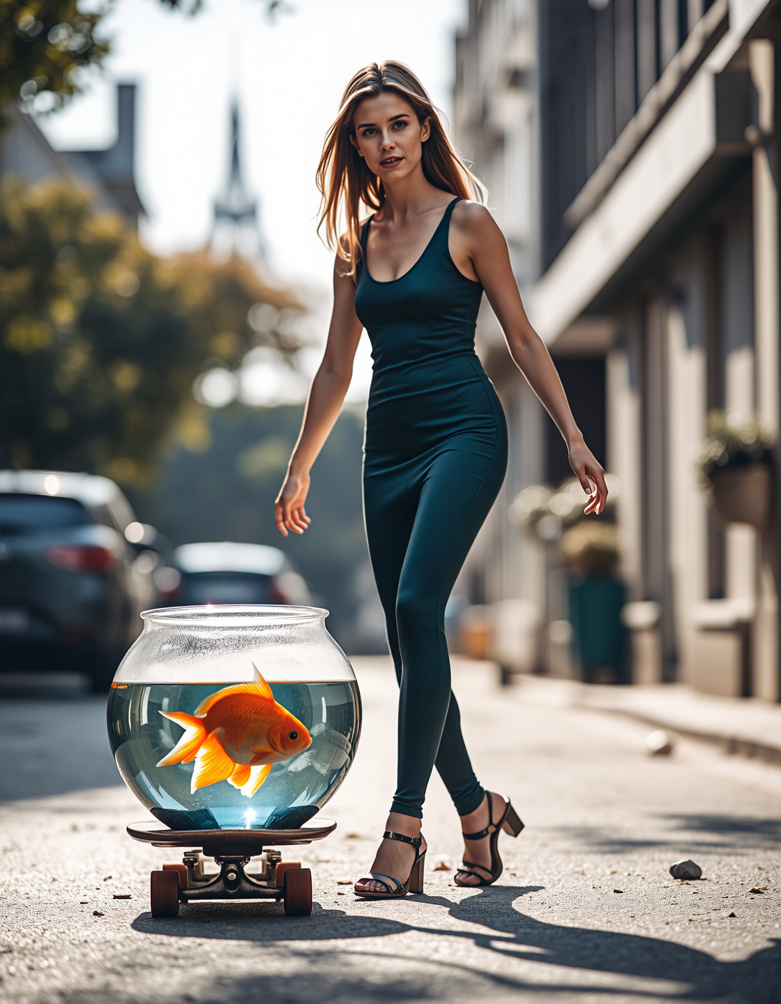 a woman strutting down the street towing a goldfish in a bowl on a skateboard