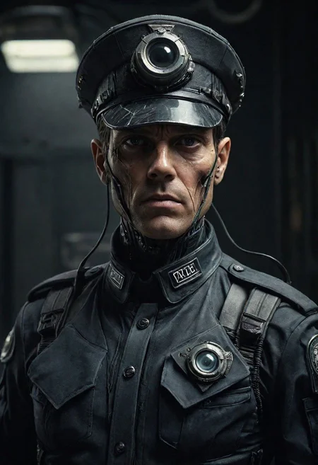 Craft a compelling caption for a close-up photograph featuring a grim-faced Thought Officer in a retro sci-fi police uniform, complete with a peaked cap. Against a dystopian backdrop, the officer's face is a mesmerizing fusion of human and cyborg traits, highlighted by one glowing eye. In hand, the officer wields an electric baton, adding an element of tension and authority to the futuristic scene. poster in background with text "report bad thoughts!"
very detailed, atmospheric haze, Film grain, cinematic film still, shallow depth of field, highly detailed, high budget, cinemascope, moody, epic, OverallDetail, gorgeous, 2000s vintage RAW photo, photorealistic, candid camera, color graded cinematic, eye catchlights, atmospheric lighting, skin pores, imperfections, natural, shallow dof