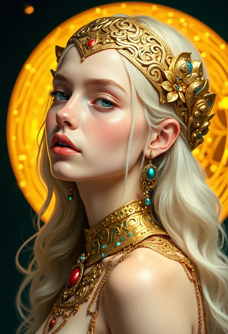 A young woman with fair skin and long, wavy, platinum blonde hair cascading down her back. She has a serene, contemplative expression with her lips slightly parted, and her eyes are open. Her face is adorned with subtle freckles and a delicate blush that enhances her youthful beauty. The woman wears an elaborate, ornate golden headdress with intricate floral and geometric designs, which matches the golden jewelry she has on. Her earrings are small, delicate, and gold with small red and blue stones. She also has a matching gold choker and shoulder pieces that are adorned with red, blue, and green gemstones, adding a touch of color to the otherwise golden attire. The lighting is soft and warm, highlighting the textures of her hair and the intricate details of her jewelry. The overall composition and style evoke a sense of regal elegance and otherworldly beauty. yellow sphere on the background