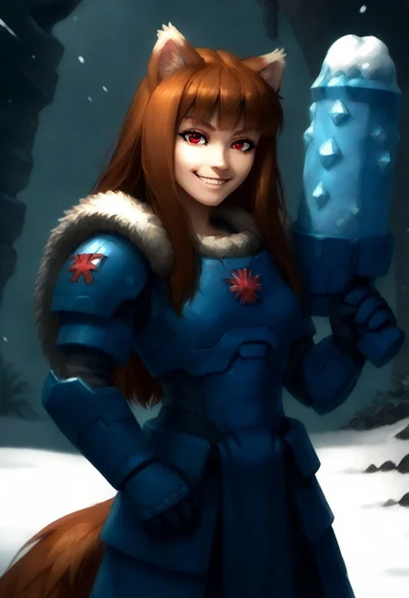 score_9, score_8_up, score_7_up, masterpiece, perfecteyes, holo, brown hair,long hair,red eyes, wolf girl,wolf ear,wolf tail, solo, , looking at the viewer, detailed background, wearing power armor, spcwlf, 3/4 angle, proud smile, a bltgun bolter weapon, holding a bolter weapon in lift arm,  ice, snow, icy cavern, outdoors, fur cloak, holo in spcwlf armor holding a bolter weapon