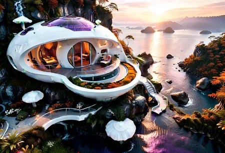 view from above, a futuristic scifi house, with white-orange decor, consists of smooth lines, five oval and spherical shapes stay at the edge of top of the cliff, hexagonal scales, honeytech. The staircase from house to forest, the pier at the bottom of the stairs. The sun is reflected in large rings windows. Planet Pandora from Avatar movie, violet sunrise, autumn, water plants see-through water, waterfalls, dense jungle around, exsotic plants, flowers, mushrooms, trees, stones different size. Wide-angle lens, 4k resolution, innovative design, volumetric lighting, ultra realism, high resolution photography, futuristic style,