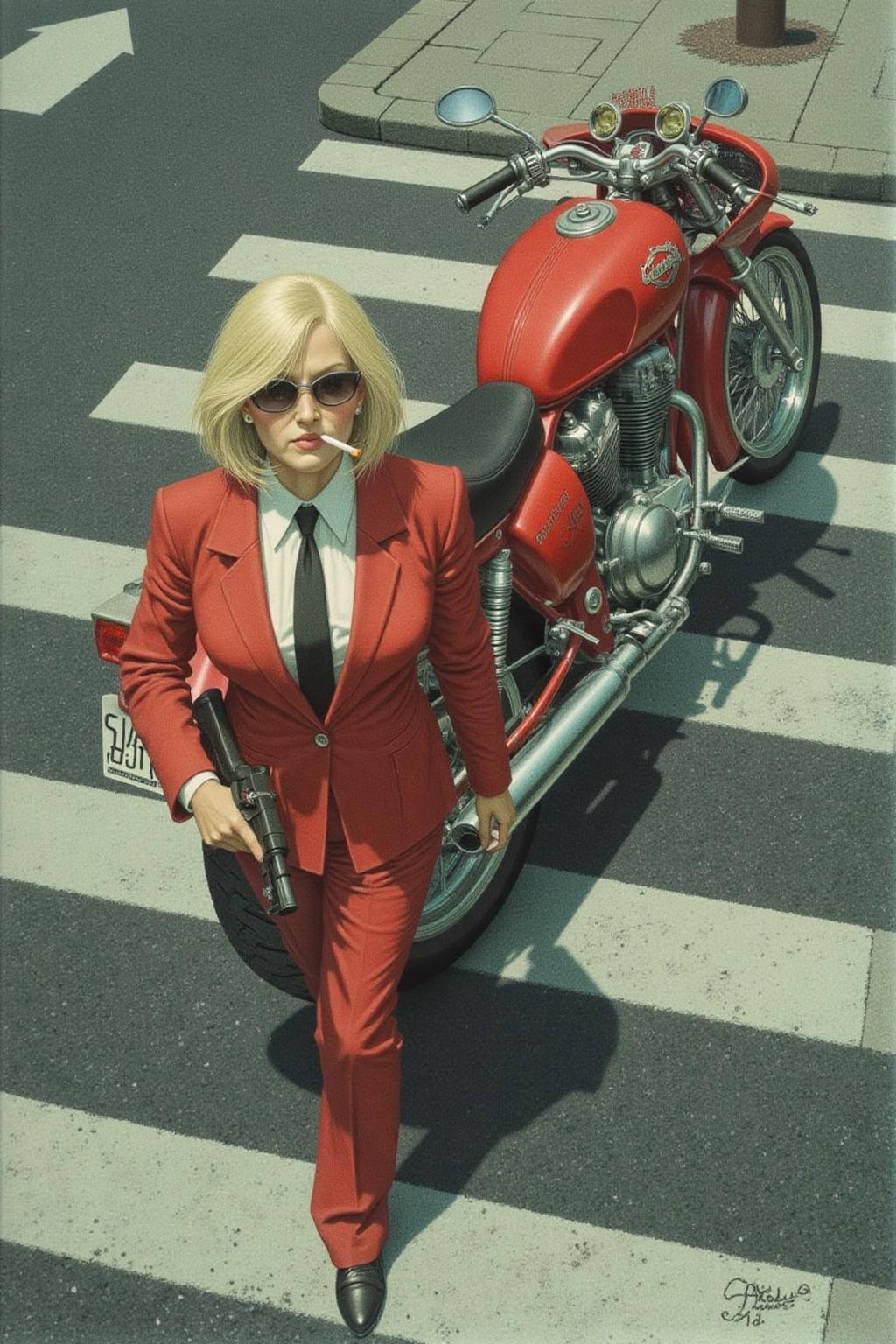 jeanleonhuens1 illustration.
Overhead shot of a Blonde woman walking away from a futuristic motorcycle parked at a zebra crossing. The woman has bob hair, is smoking. She wears a red business suit, white shirt, black tie, and sunglasses. She holds a gun with a confident grip. The motorcycle itself is red, sleek and metallic, with intricate designs and a futuristic vibe   
  <lora:jeanleonhuens1_ap_d6a3e12:1.0><lora:844822627206980516:0>
