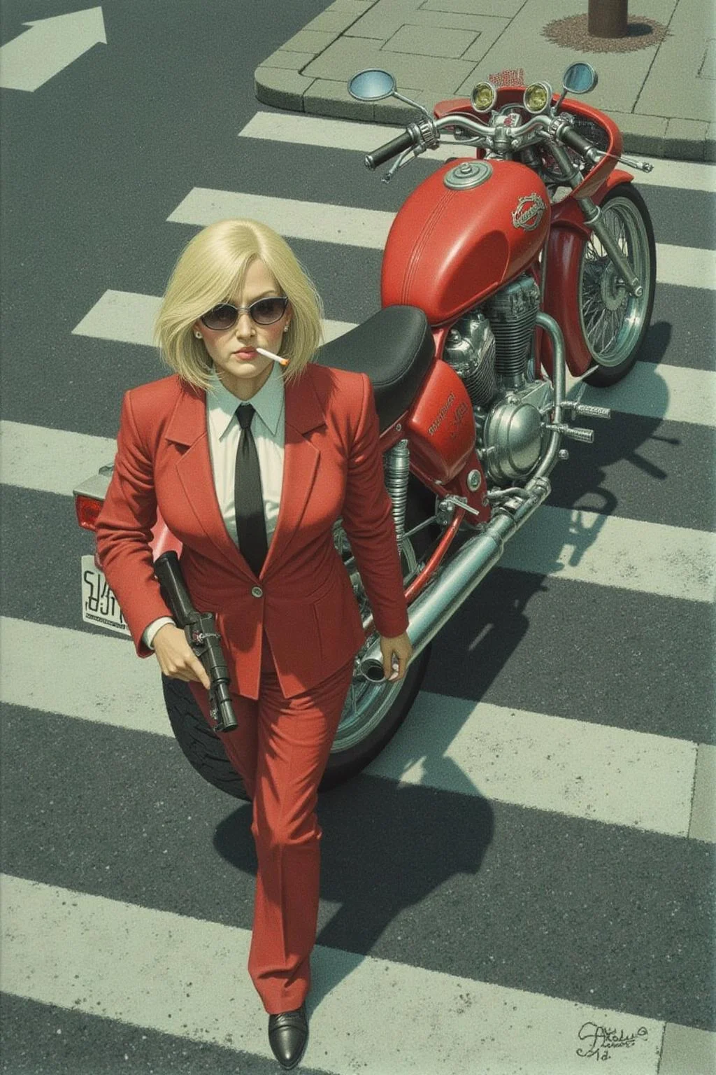 jeanleonhuens1 illustration.
Overhead shot of a Blonde woman walking away from a futuristic motorcycle parked at a zebra crossing. The woman has bob hair, is smoking. She wears a red business suit, white shirt, black tie, and sunglasses. She holds a gun with a confident grip. The motorcycle itself is red, sleek and metallic, with intricate designs and a futuristic vibe
<lora:jeanleonhuens1_ap_d6a3e12:1.0><lora:844822627206980516:0>