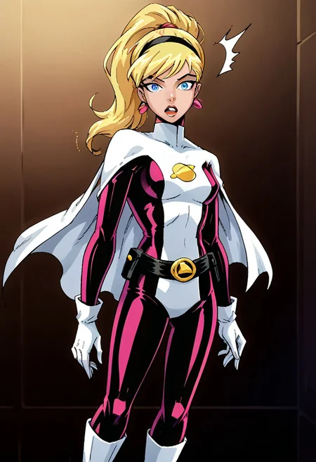 pale skin, blonde hair, long hair, hairband, ponytail, pink earrings, blue eyes, black belt, gold L* on belt, gold legion ring, short cape, white cape, white gloves, white boots, gold Saturn emblem on chest, suit1, looking at viewer, full body, standing, solo, alone, petite, masterpiece, high quality, surprised, soft eyebrows,