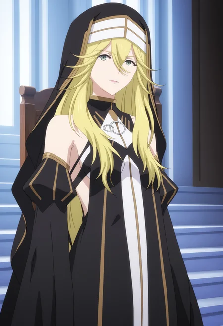 <lora:Caldmellia:1>,
Caldmellia,blonde hair,long hair,solo,nun,detached sleeves,bare shoulders,dress,hair between eyes,looking at viewer,standing,sleeve,anime coloring,white and black dress