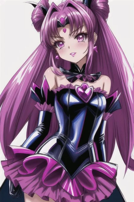 evil corrupted young princess wearing dark pastel (ruffled:1) (gleaming latex:1) EvlSM DarkPrecure Bad_End_Precure gown with (long latex cape:1) and latex elbow bridal gauntlets, (Perfect Face:1), soft lighting, glossy red lips, ruffles,
<lora:more_details:1>