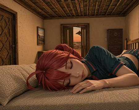 masterpiece, best quality, amazing quality, very aesthetic, absurdres, newest, (3d, realistic, scenery:1.4), 1girl, solo, kasane teto, (sleeping on bed:1.3), dutch angle, indoors, bed, chandolier, wooden door, cabinet, window, desert, bedroom, motel room, night, shutters down, curtains, close up <lora:dmd2_sdxl_4step_lora:1>, <lora:POSTAL_2_Style_Lora_Illustrious01_DIM16_E04:1>