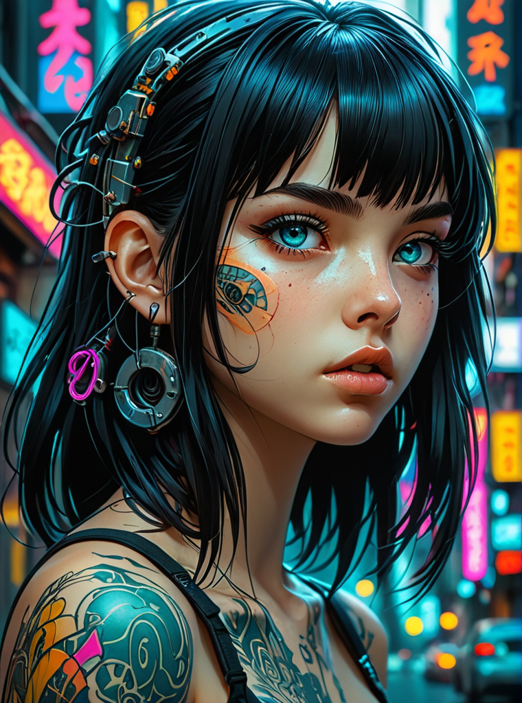 manga style, hyper-detailed portrait of a girl, profile, overhead angle, low head, cyberpunk, (Mindful Machine Art style, Anna Dittmann, Katsuya Terada), tattoos, perfect blue eyes, perverse look, bright colors, very high contrast, lighting side, straight black hair half length, straight bangs, hair covers half face, background with neon graffiti, hyper realistic, 3D rendering, 4K